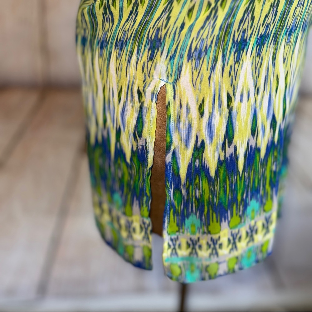 CHICO'S Sheer Tunic Top, Blue & Green Patterned, Button Up Or Cardigan Sz 1 Or M - Picture 6 of 11